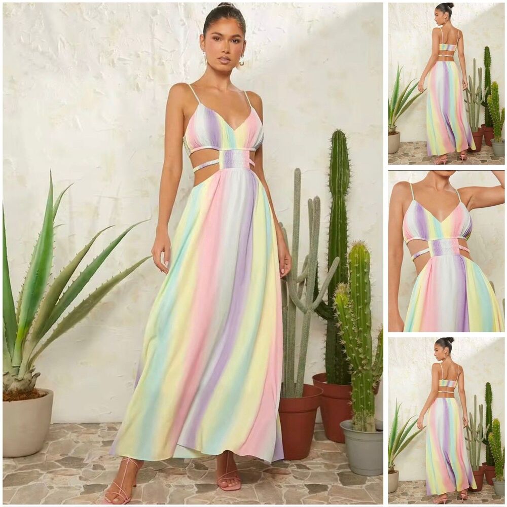 Pastel Rainbow Watercolor Ombré Cutout Maxi Dress size small Spaghetti Strap
